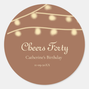 Cheers forty brown yellow string lights birthday classic round sticker