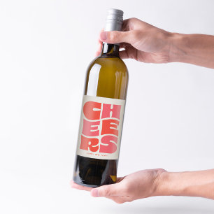 Cheers fun funky red pink retro New Year's Wine Label