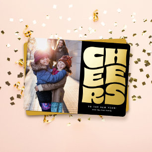 Cheers fun retro black gold New Year photo Foil Holiday Card