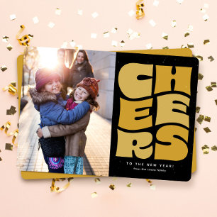 Cheers fun retro black gold New Year photo Holiday Card