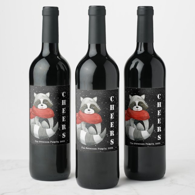Cheers Funny Christmas Racoon Wine Labe Label (Bottles)
