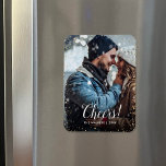 Cheers | Glitz Faux Glitter Photo Overlay Magnet<br><div class="desc">Custom printed holiday photo magnets with a simple template for customisation. This chic modern design has a faux glitter confetti border and stylish calligraphy text. The wording says "Cheers!". Personalise it with your photos and add your family name and the year. Use the design tools to edit the text, add...</div>