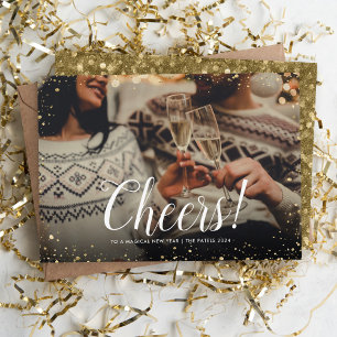 Cheers   Glitz Faux Glitter Photo Overlay New Year Holiday Card