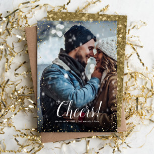 Cheers   Glitz Faux Glitter Photo Overlay New Year Holiday Card
