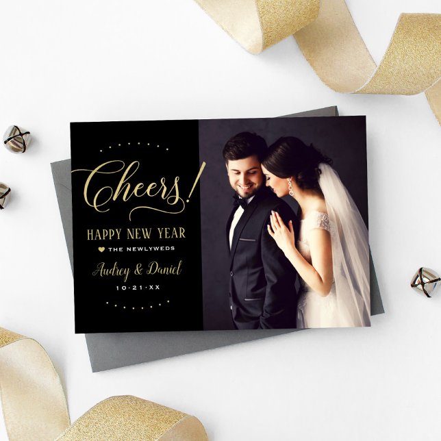 Cheers Gold Black Happy New Year Wedding Photo Holiday Card (Creator Uploaded)