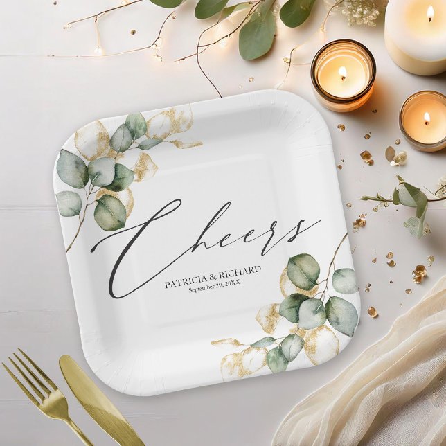 Cheers Gold Greenery Wedding Paper Plate (Creator Uploaded)