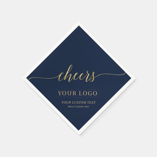 Cheers | Gold & Navy Business Logo Custom Text Napkin (Corner)