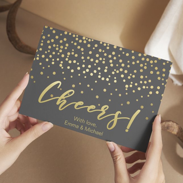 Cheers - Gold Script & Confetti Postcard (Creator Uploaded)