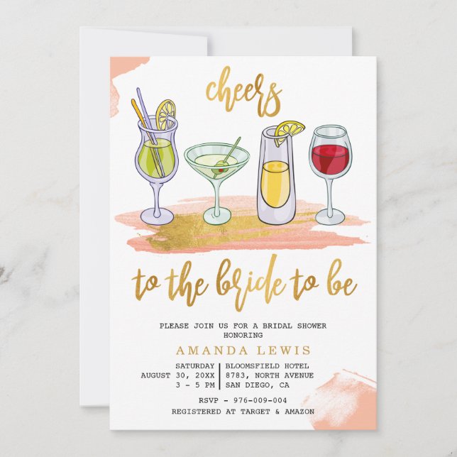 Cheers Gold Script Drinks Blush Bridal Shower Invitation (Front)