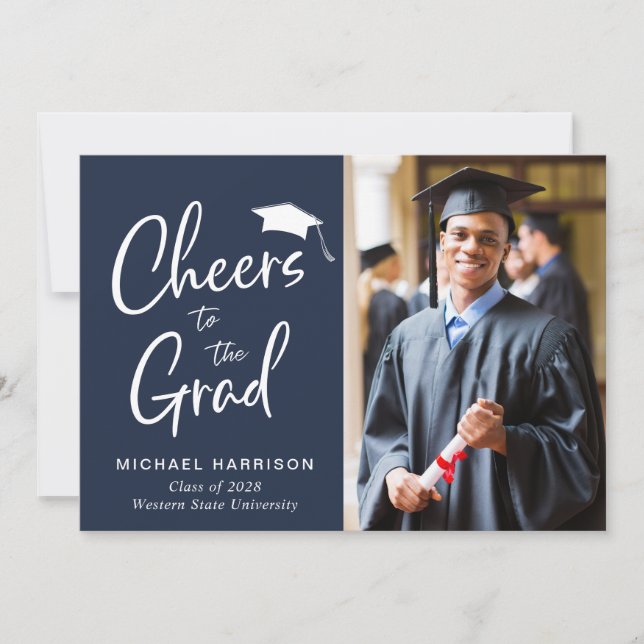 Cheers Grad 2 Photo Blue Graduation Announcement (Front)