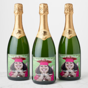 Cheers Graduation 1 Photo Elegant White Script Sparkling Wine Label