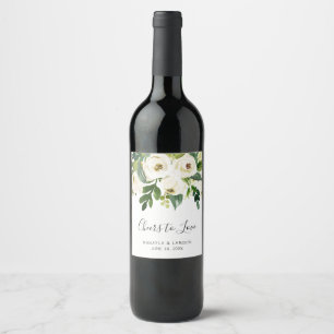 Cheers Greenery Elegant White Floral Wedding Wine Label