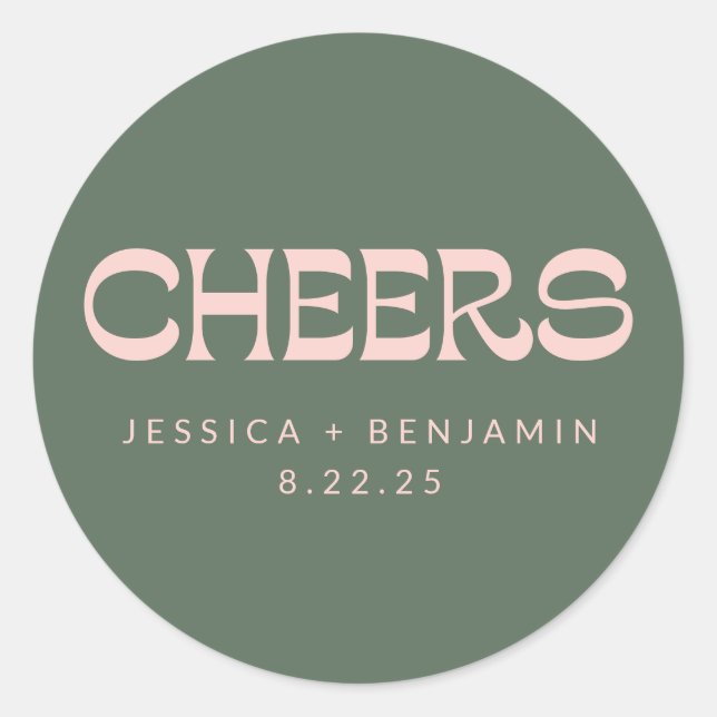 Cheers Groovy Pink Green Custom Names Wedding  Classic Round Sticker (Front)
