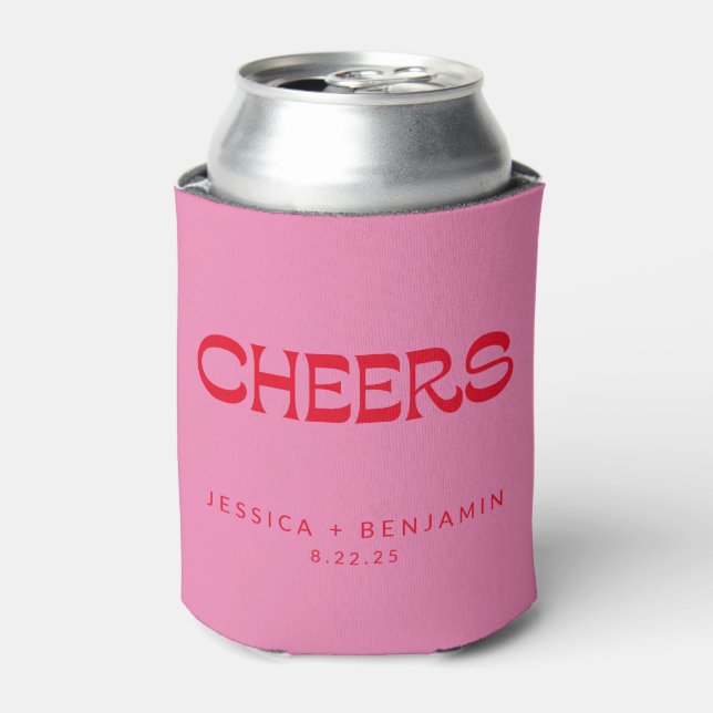Cheers Groovy Pink Red Typography Names Wedding Can Cooler (Can Front)