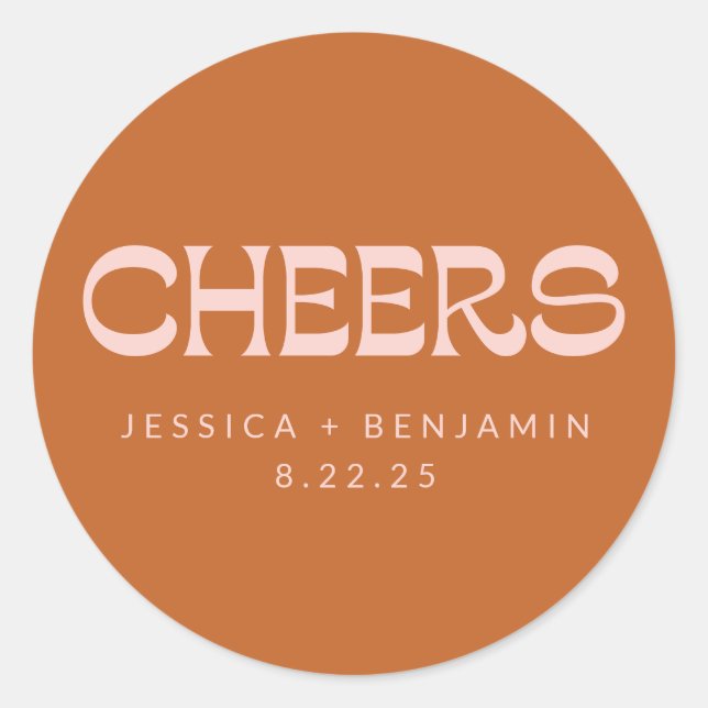 Cheers Groovy Terracotta Custom Names Wedding Classic Round Sticker (Front)