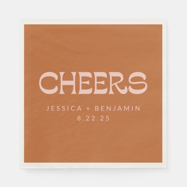 Cheers Groovy Terracotta Typography Names Wedding Napkin (Front)