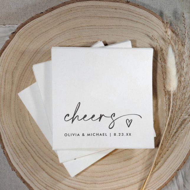 Cheers Handwriting & Heart Fun Wedding Napkin (Elegant black and white “cheers” napkins with modern handwriting and heart design)