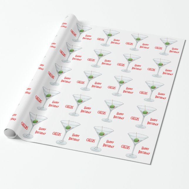 Cheers Happy Birthday Martini Glass Olive Cocktail Wrapping Paper (Unrolled)