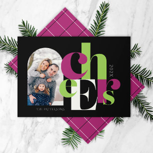 Cheers Happy Holidays Photo Black Magenta Holiday Card