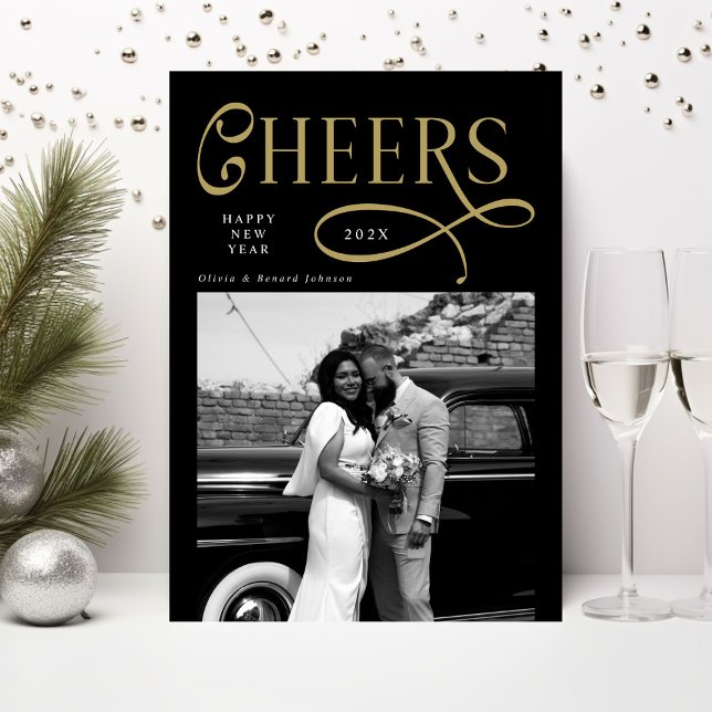 Cheers  Happy New Year Modern Chic 2 Photo Holiday Card (Creator Uploaded)
