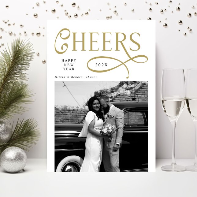 Cheers  Happy New Year Modern Chic 2 Photo Holiday Card (Creator Uploaded)