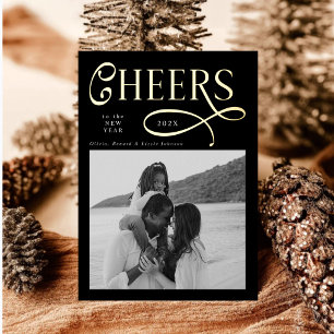 Cheers Happy New Year Modern Chic Family 2 Photo Foil Holiday Card