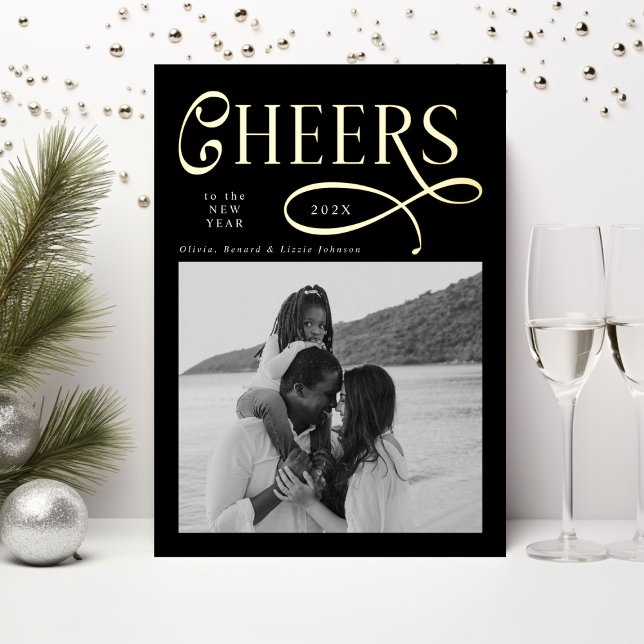 Cheers  Happy New Year Modern Chic Family 2 Photo Foil Holiday Card (Creator Uploaded)