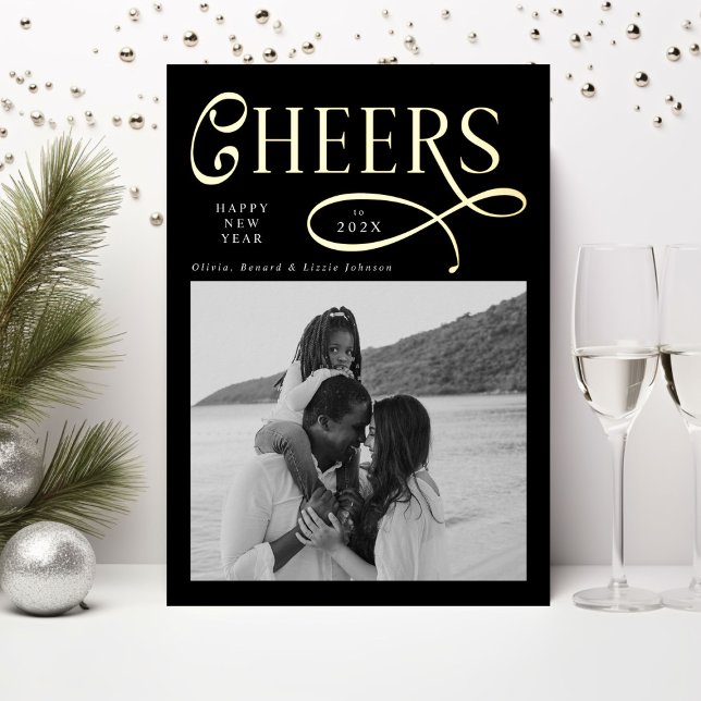 Cheers  Happy New Year Modern Chic Family 2 Photo Foil Holiday Card (Creator Uploaded)