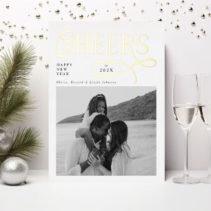 Cheers  Happy New Year Modern Chic Family 2 Photo Foil Holiday Card