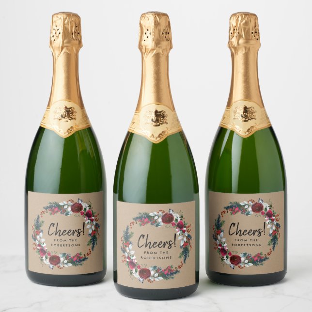 Cheers Holiday Floral Wreath Sparkling Wine Label (Bottles)