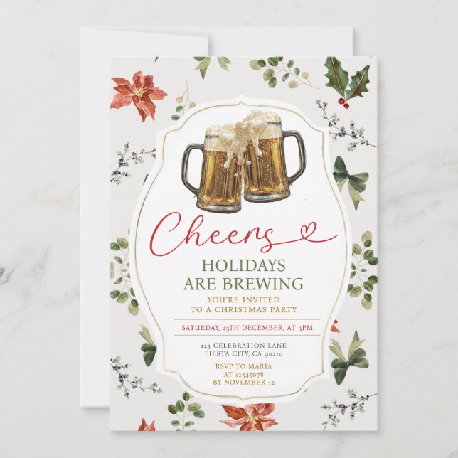 Cheers Holidays are Brewing Christmas Party Floral Invitation (Front)