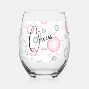 Cheers Lively Fun Pink and Green Bubbles Stemless Wine Glass