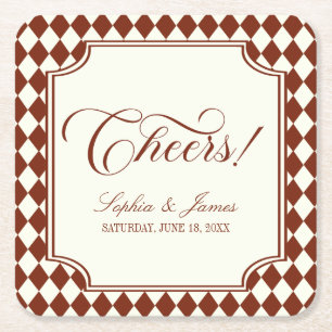 Cheers! Luxury Old Money Burgundy Vintage Wedding Square Paper Coaster