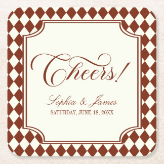 Cheers! Luxury Old Money Burgundy Vintage Wedding Square Paper Coaster