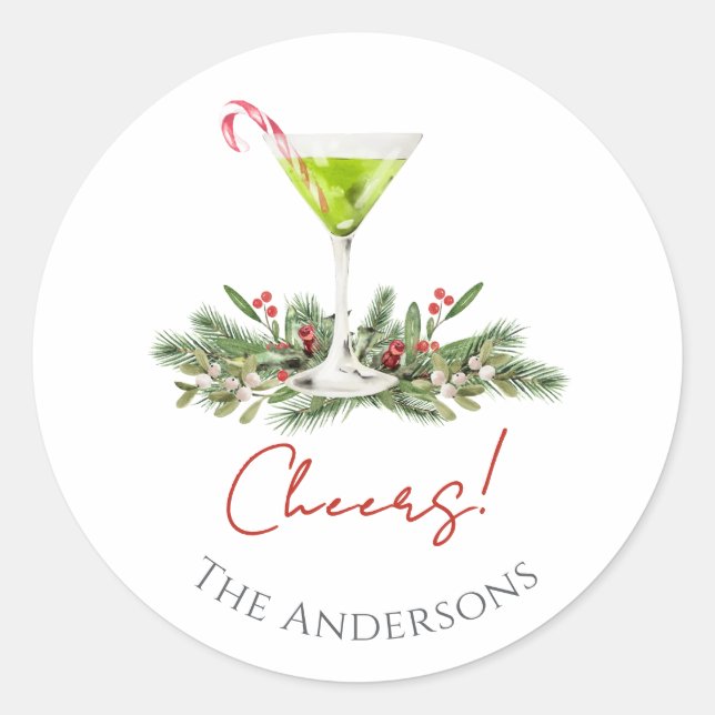 Cheers Martini and Mistletoe Candy Cane Cocktail Classic Round Sticker (Front)