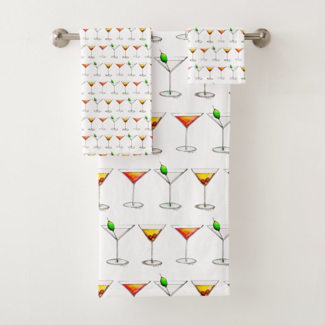 Cheers! Martini Manhattan Cosmo Cocktail Glass Bath Towel Set (Insitu)