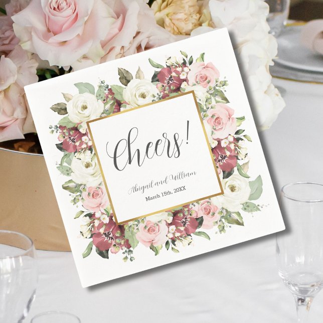Cheers Mauve Pink Florals Gold Frame Wedding Napkin (Creator Uploaded)