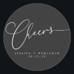 Cheers Minimal Black Elegant Script Custom Wedding Classic Round Sticker<br><div class="desc">Cheers Minimalist White Script on Black Background Custom Wedding Classic Round Sticker</div>