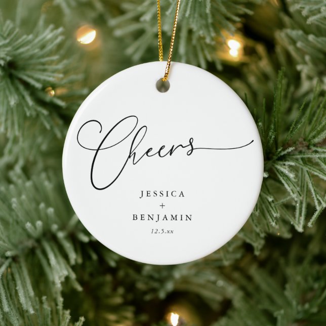 Cheers Minimal Black White Script Custom Wedding Ceramic Ornament (Tree)