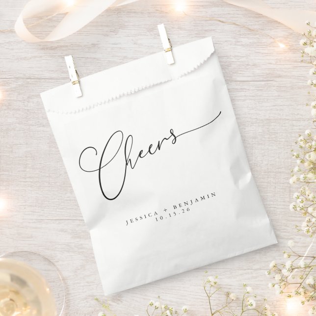 Cheers Minimal Black White Script Custom Wedding  Favour Bag (Clipped)