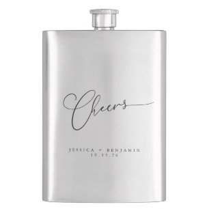 Cheers Minimal Black White Script Custom Wedding Hip Flask