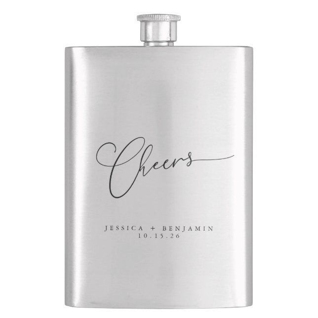 Cheers Minimal Black White Script Custom Wedding Hip Flask (Front)