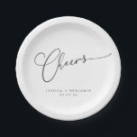 Cheers Minimal Black White Script Custom Wedding  Paper Plate<br><div class="desc">Cheers Minimalist Black White Script Custom Wedding Paper Plates</div>