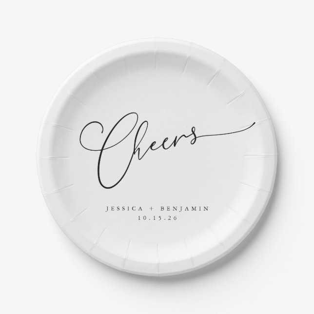 Cheers Minimal Black White Script Custom Wedding  Paper Plate (Front)