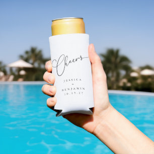 Cheers Minimal Black White Script Custom Wedding   Seltzer Can Cooler