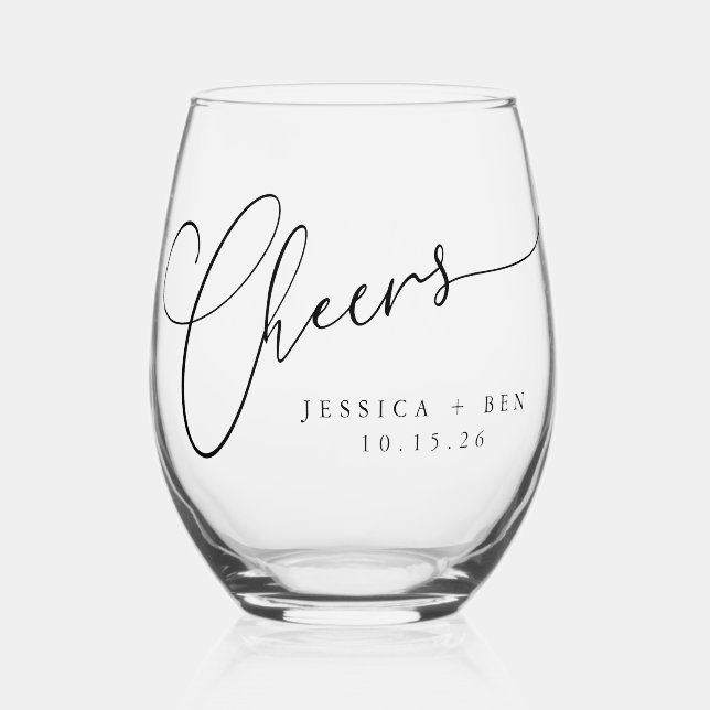 Cheers Minimal Black White Script Custom Wedding Stemless Wine Glass (Front)