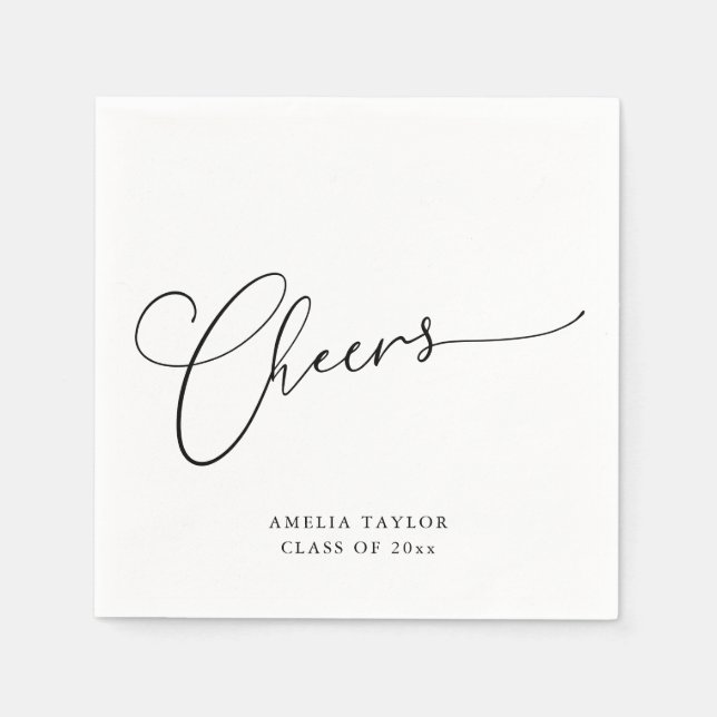 Cheers Minimal Black White Script Graduation Party Napkin (Front)