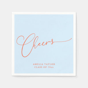 Cheers Minimal Blue Orange Script Graduation Party Napkin