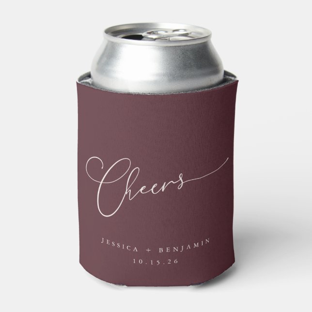 Cheers Minimal Burgundy Script Custom Wedding   Can Cooler (Can Front)