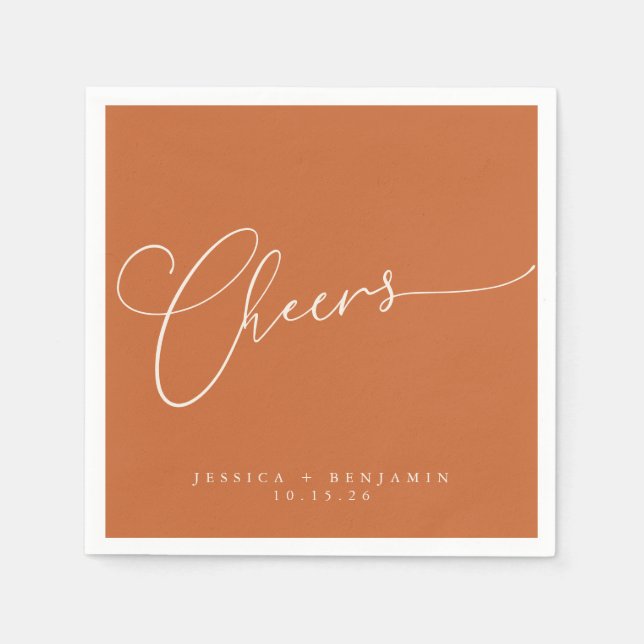 Cheers Minimal Burnt Orange Script Custom Wedding Napkin (Front)